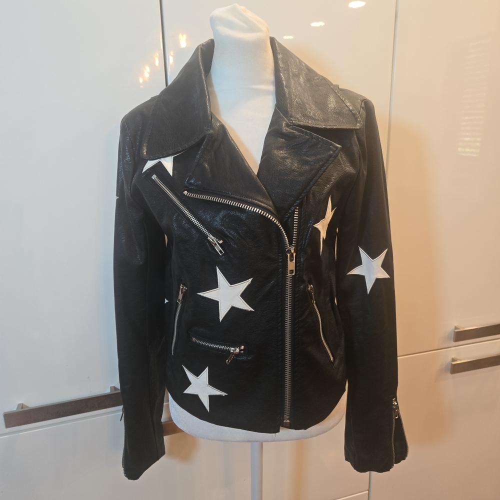Olivaceous Black Leather Jacket with White Stars - Picture 4 of 13
